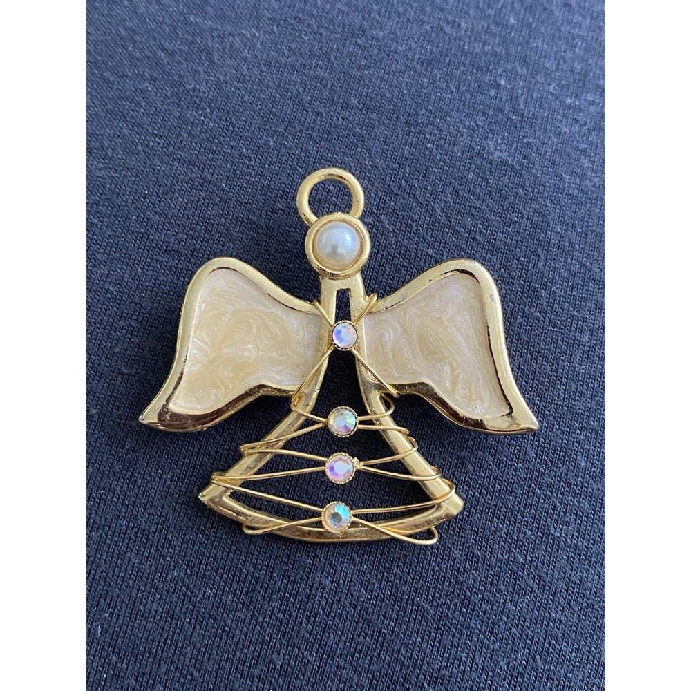 KC GoldTone Angel Iridescent Cream Enamel/Pearl Face AB Rhinestones Brooch